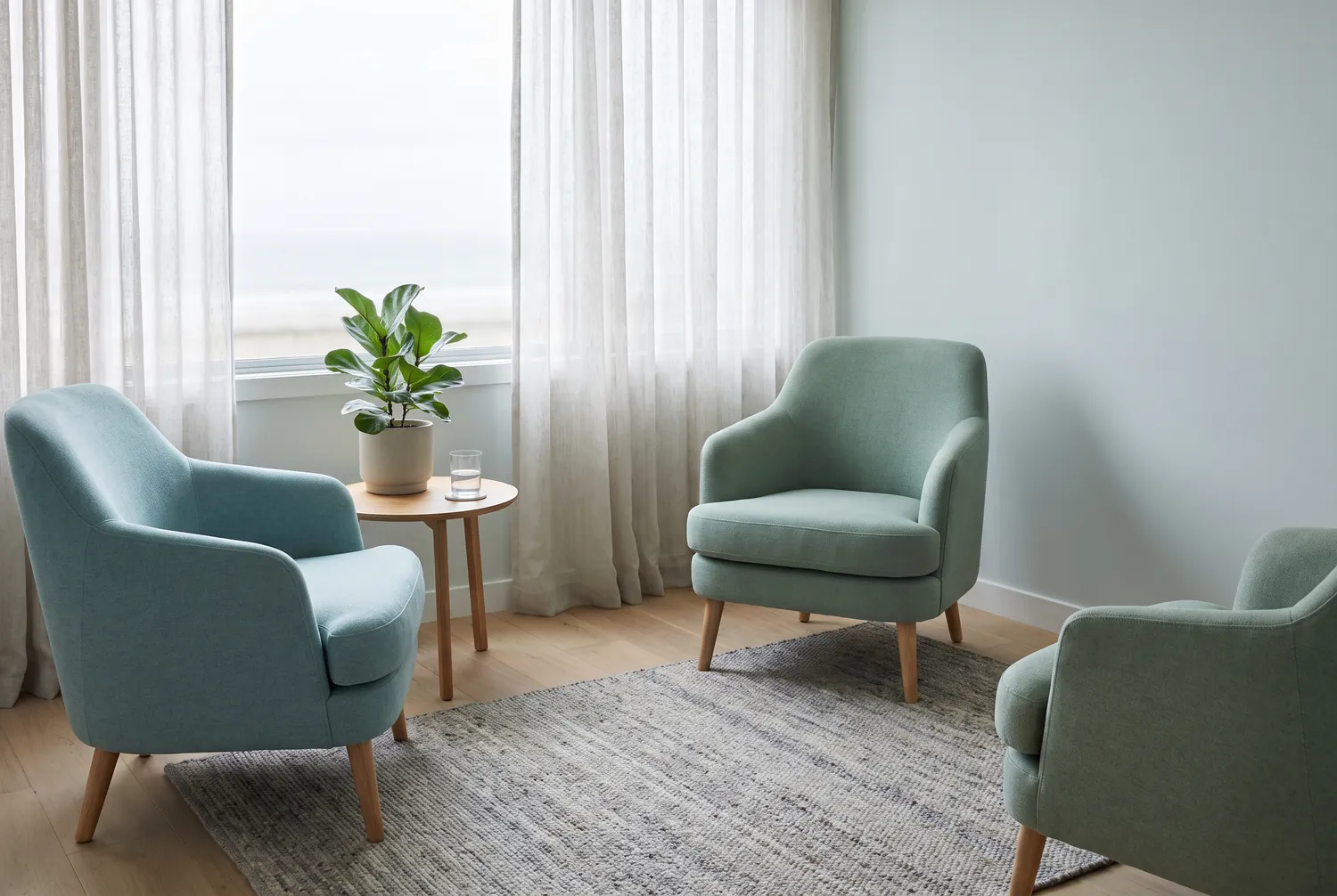 A calm, light-filled San Diego therapy office with two soft sage armchairs beside a window overlooking the coast